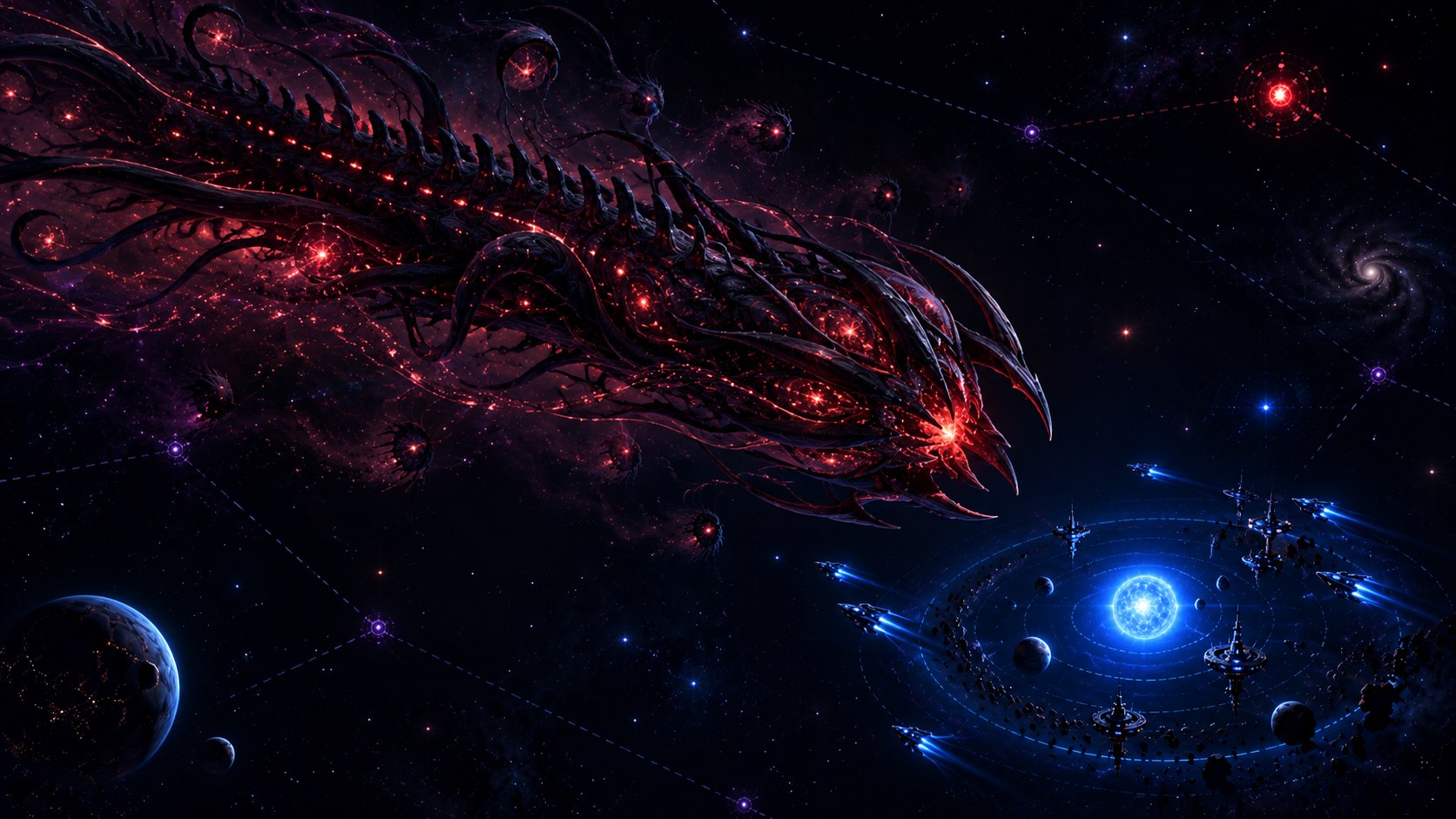 The Kith seedship, a colossal organic vessel veined with red light, bears down on a small blue human colony