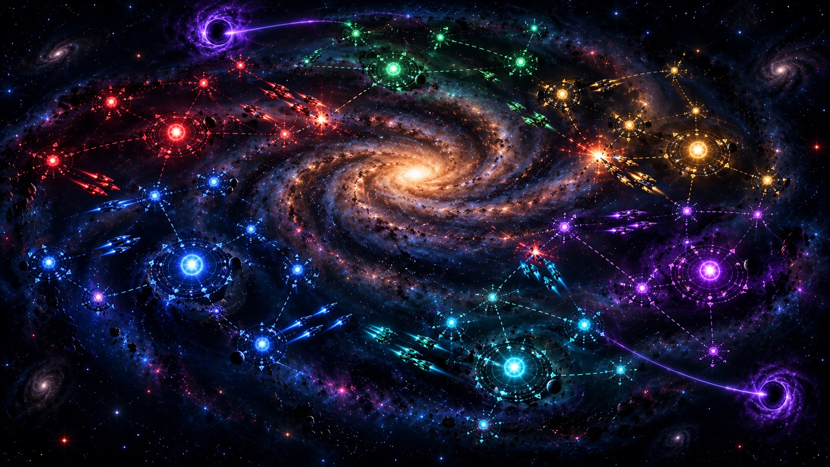 A spiral galaxy divided among six rival empires in blue, red, green, gold, purple and cyan, linked by wormholes