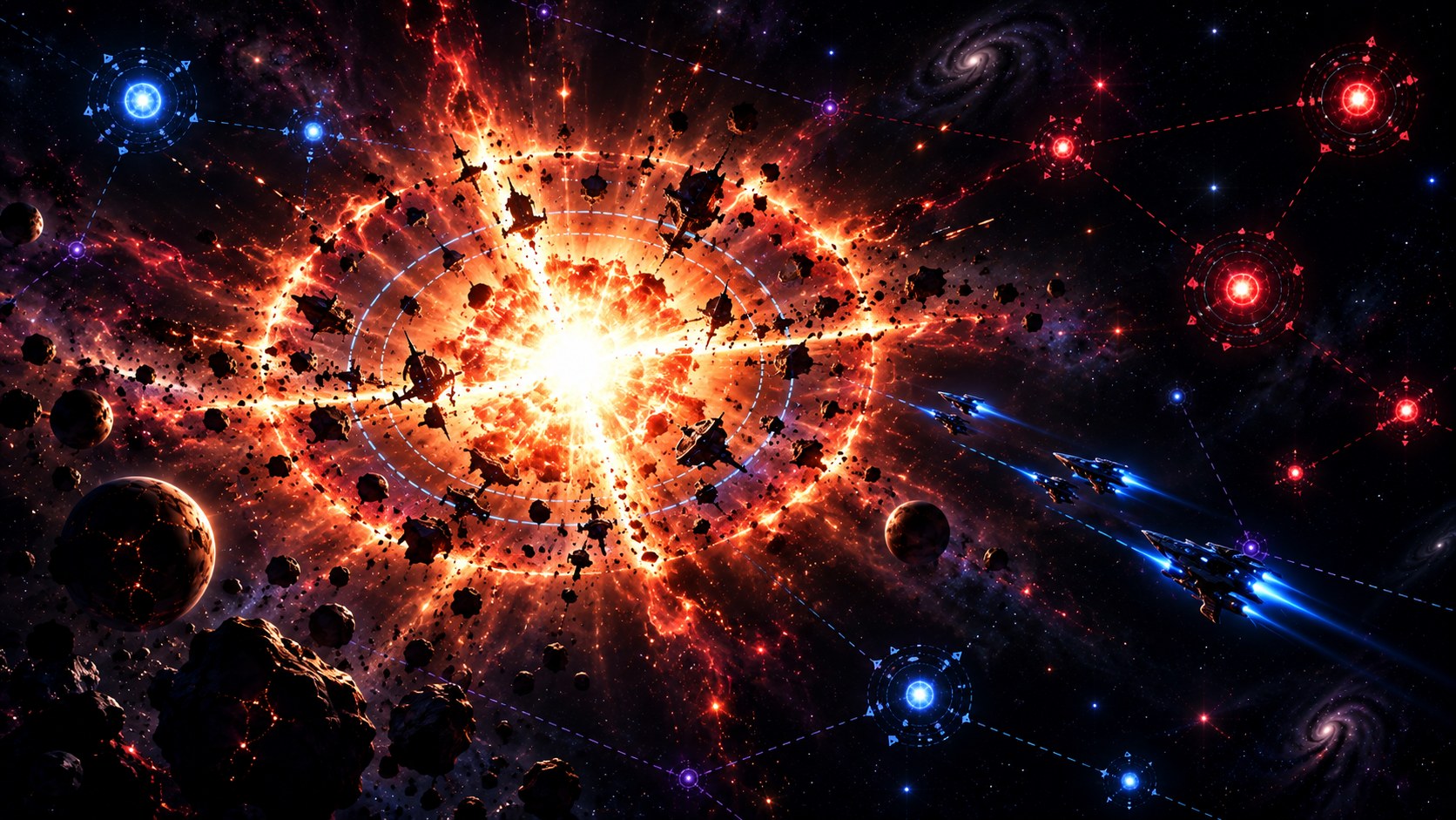 A star detonates in a white and orange shockwave, tearing through its orbital rings while fleets flee along a route