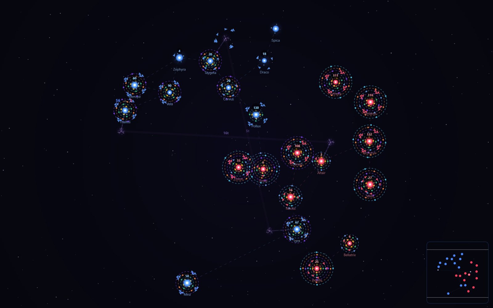 Mid-game skirmish, two empires fully built up with fleets crossing between them