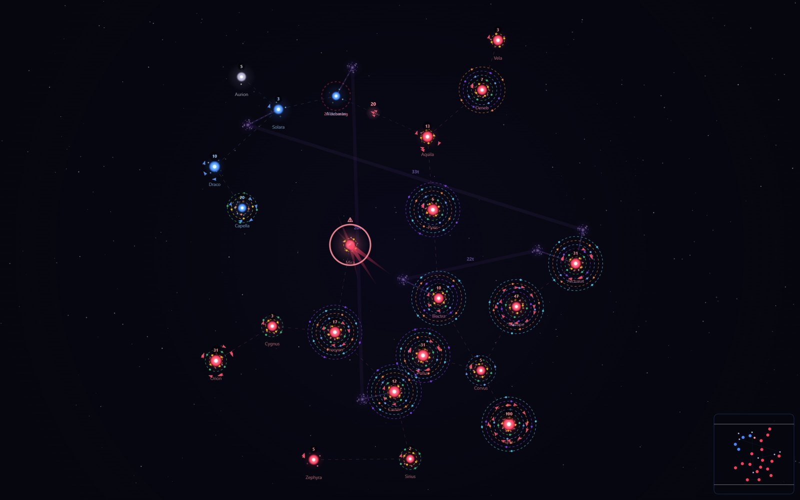 A red empire dominates the map while wormhole beams cross it and a star pulses with a supernova warning